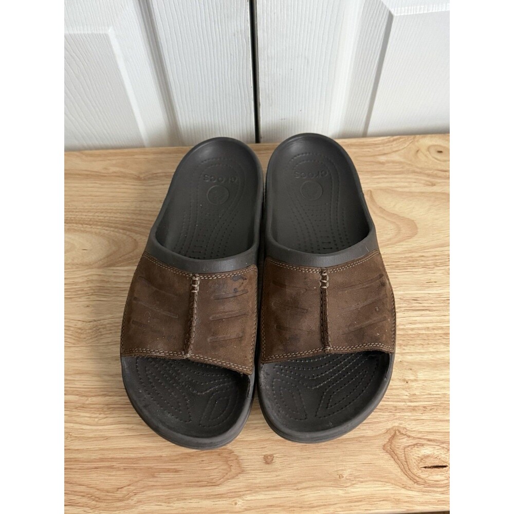 Crocs Brown Yukon Mens 11 Slides Espresso Leather Upper Sandals Comfort